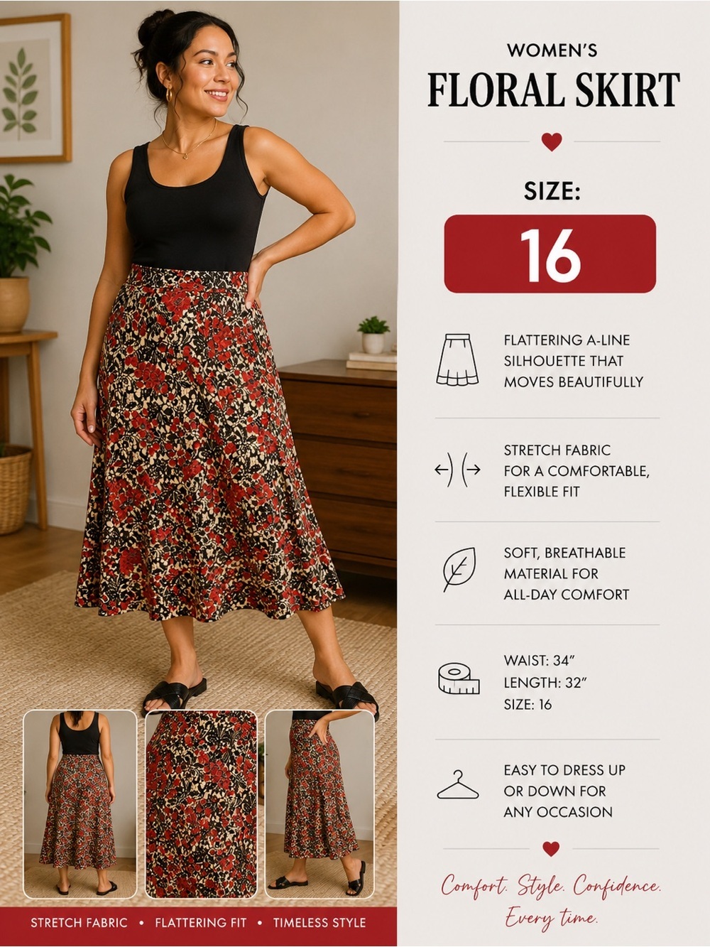 Kathie Lee Collection Floral A-Line Skirt size 16
Length 32”
Has stretch
